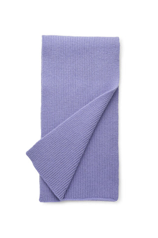 Lilac purple rib knit scarf shown on white background. 