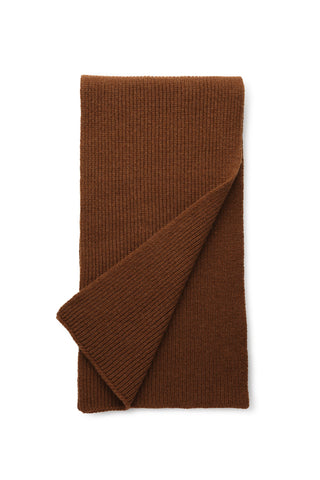 Brown rib knit scarf shown on white background. 