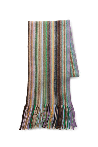 A multicolour vertical strip wool scarf with fringe finish, shown on white background. 