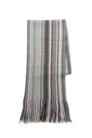 A multicolour vertical strip wool scarf with fringe finish, shown on white background. 