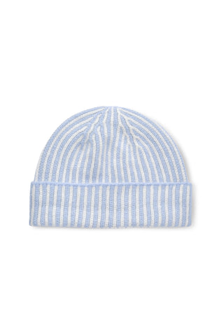 A blue rib knit wool winter toque shown on white background. 