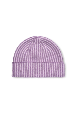 A Purple rib knit wool winter toque shown on white background. 
