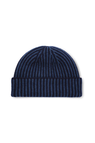 A navy rib knit wool winter toque shown on white background. 