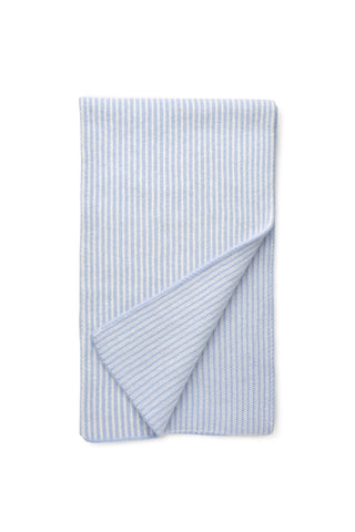 Folded blue rib knit wool scarf shown on white background. 