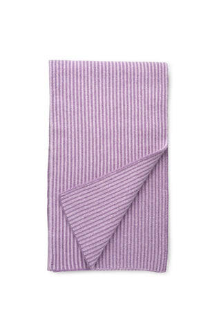 Folded lilac purple rib knit wool scarf shown on white background. 