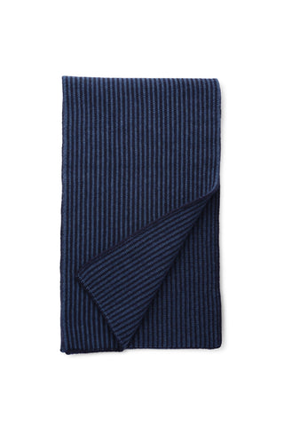 Folded navy rib knit wool scarf shown on white background. 
