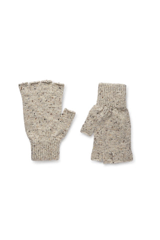 A pair of rib knit fingerless gloves in a speckled oatmeal beige color, displayed flat against a solid white background.