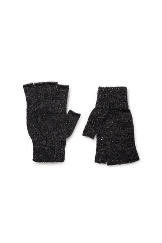 A pair of rib knit fingerless gloves in a speckled black colour, displayed flat against a solid white background.
