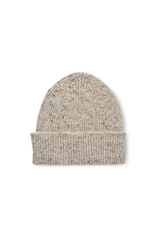 A light beige rib knit beanie hat with a folded cuff, featuring subtle brown speckles throughout, shown against a plain white background.