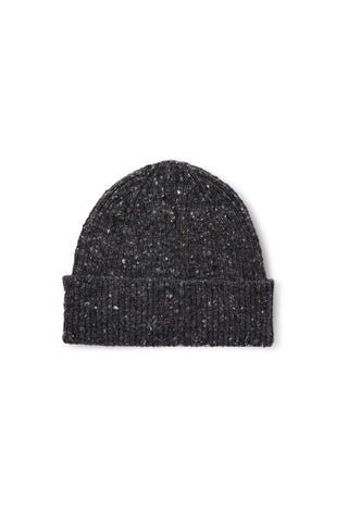 A black rib knit beanie hat with a folded cuff, featuring subtle grey speckles throughout, shown against a plain white background.