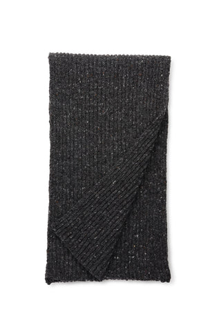 A folded ribbed knit scarf in a dark grey color with subtle cream flecks, shown on a plain white background.