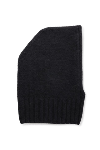 Black thick rib knit wool hood shown against white background. 