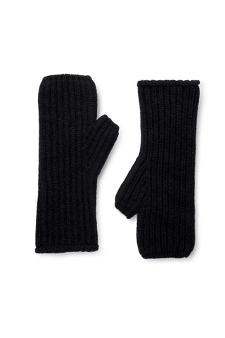 Black thick rib knit wool wrist warmer against white background. 