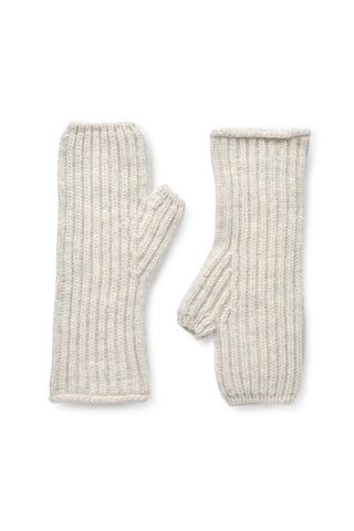 Cream thick rib knit wool wrist warmer against white background. 
