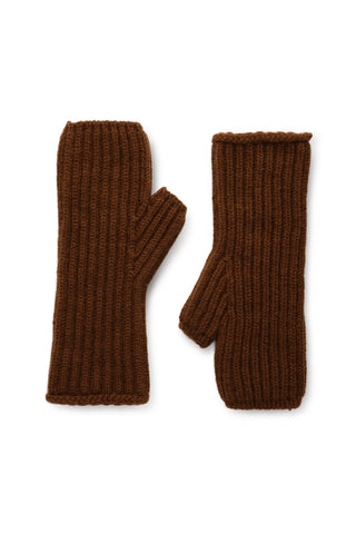 Brown thick rib knit wool wrist warmer against white background. 