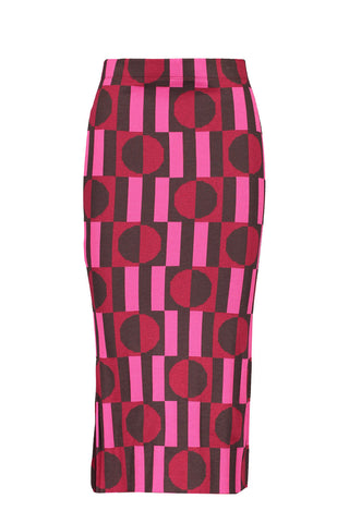 Flat lay photo of pink geometric pencil Garance skirt by Marigold. 