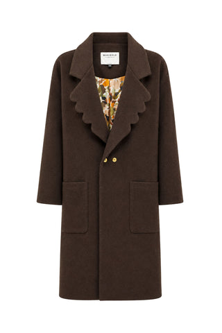 A dark brown wool coat by MARIGOLD with a distinctive scalloped lapel and a visible floral lining, shown on a plain white background.
