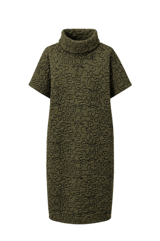 An olive green short-sleeve turtleneck dress with an all-over raised abstract pattern, shown against a plain white background.