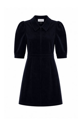 A dark navy blue collared corduroy dress with puff sleeves and front zipper shown against a plain white background.