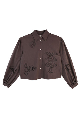 Charcoal billowy sleeve Eulalia Shirt by Meadows. 