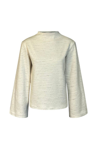 A cream-colored textured knit long-sleeve top with a crew neck, displayed against a solid white background.