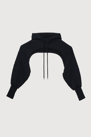 A black bolero hoodie with voluminous balloon sleeves, shown against a light gray background.