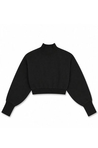 A black cropped mock-neck sweatshirt with balloon sleeves, shown flat against a plain white background.