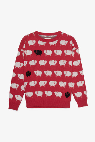 Red recycled cotton knit sweater with all over sheep pattern. 