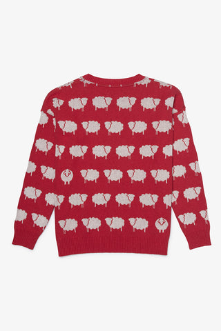 Red recycled cotton knit sweater with all over sheep pattern. 