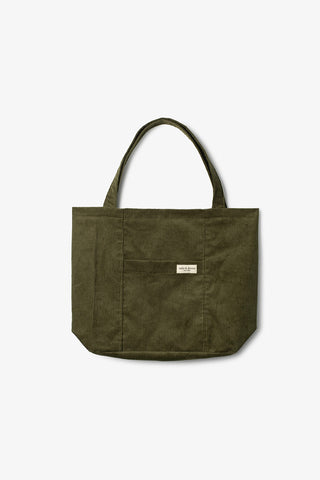 Olive corduroy tote by Milo and Dexter. 