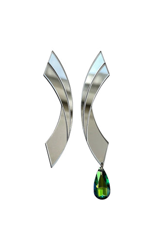 Flat lay image of plexiglass mirror earring with single green gem.