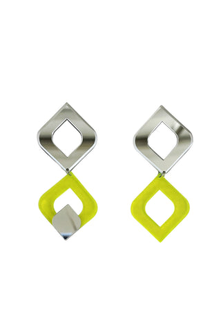 A pair of geometric drop earrings featuring a silver plexiglass diamond and a bright lime green bottom diamond. 