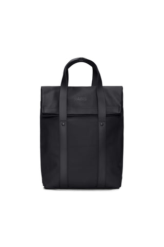 A black tote bag with dual top handles, shown against a plain white background.