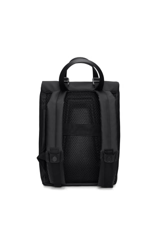 Black backpack shown from the back view, featuring a black mesh back panel, padded shoulder straps, and a top carry handle, set against a plain white background.