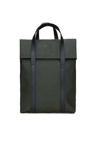 An olive green waterproof tote bag with dark black handles and vertical straps, set against a plain white background.