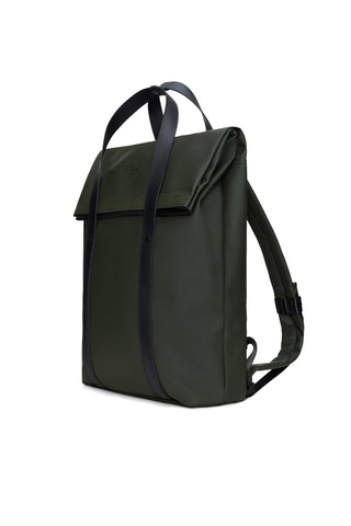 An olive green backpack with black straps and trim, shown from a three-quarters angle on a plain white background.