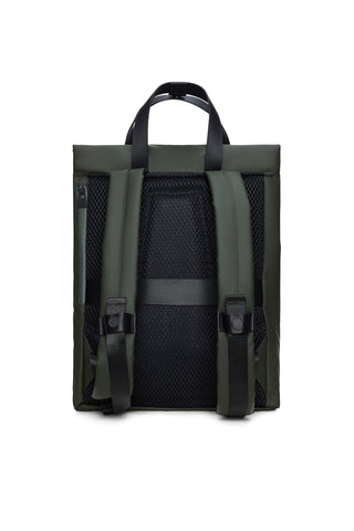 An olive green and black backpack shown from the back, featuring a black mesh back panel, dual shoulder straps, and top carry handles, set against a plain white background.