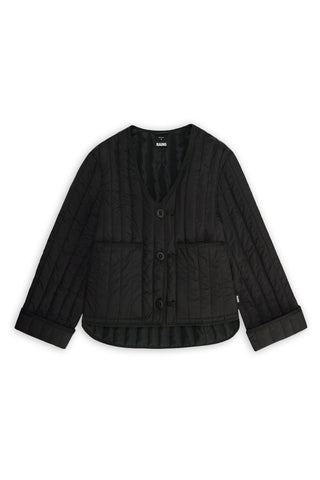A black quilted liner jacket with a V-neck, three-button front closure, and two front patch pockets, shown flat on a white background.