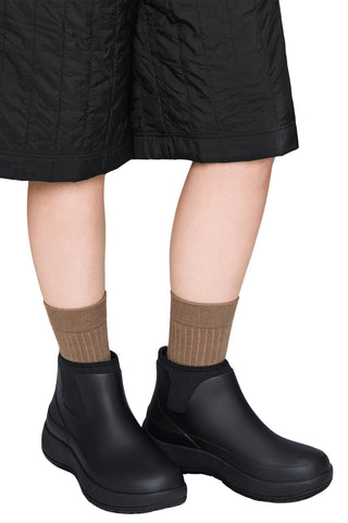 A close-up of a person's legs wearing black rubber rain boots, brown ribbed socks, and black quilted shorts against a plain white background.