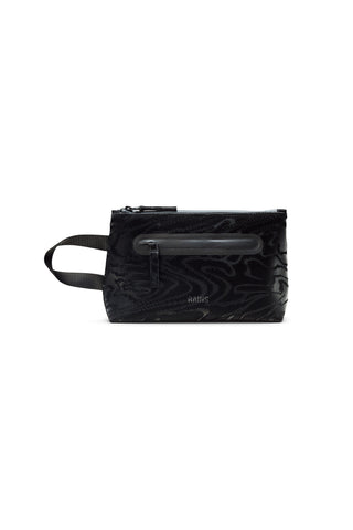 Black cosmetic bag with front zipper and black strap. 