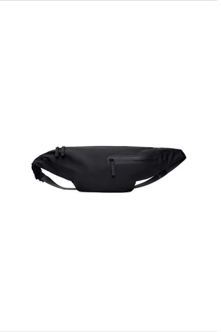 Black oversized bum bag with front zippered pocket, against white background. 