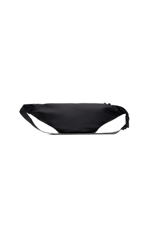 Back view of black oversized bum bag against white background. 