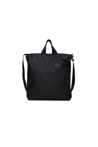 A black tote bag with dual top handles, a front zippered pocket, and an adjustable shoulder strap, shown against a plain white background.