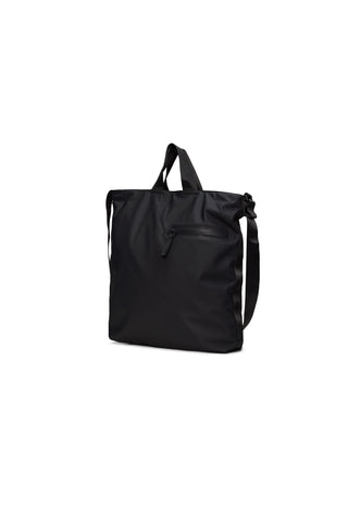 A black tote bag with dual top handles, a front zippered pocket, and an adjustable shoulder strap, shown against a plain white background.