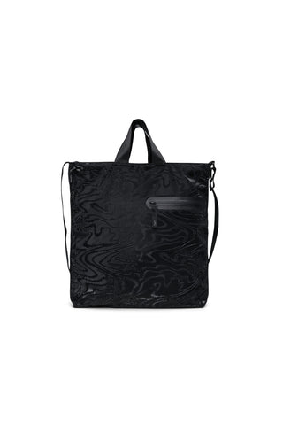 Black waterproof tote bag with adjustable shoulder strap and carry handle. 