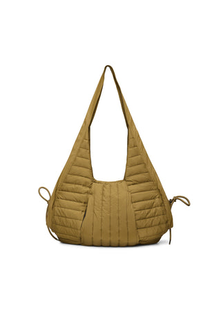 Water repellent quilted camel shoulder bag. 