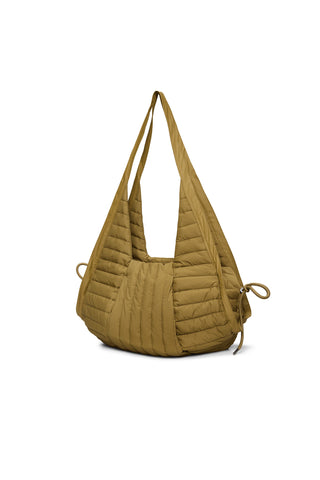 Water repellent quilted camel shoulder bag. 