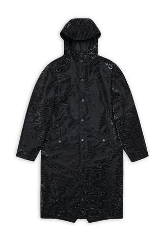 Black hooded rain jacket on white background. 