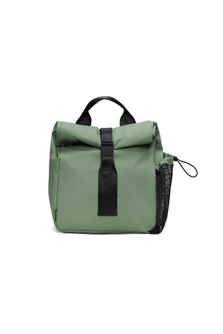 Green roll top large size lunchbag with black strap closure and water bottle holder. 