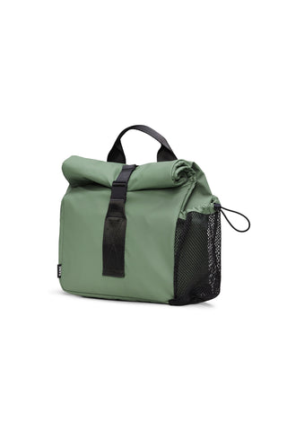 Green roll top large size lunchbag with black strap closure and water bottle holder. 